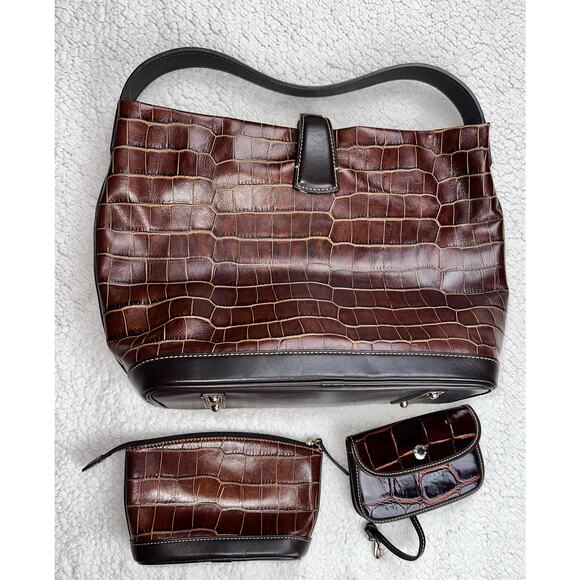 Dooney & Bourke Duck Logo Brown Embossed Crocodile Leather Purse Toe Handbag - Picture 4 of 12